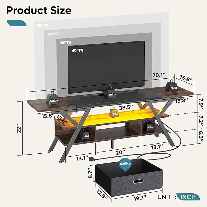 Bestier 70 Inch Gaming Tv Stands for Living Room with Power Outlet for TVs up to 75", Black Entertainment Center with Led Lights for Living Room Bedroom. Walnut - LeafyLoom
