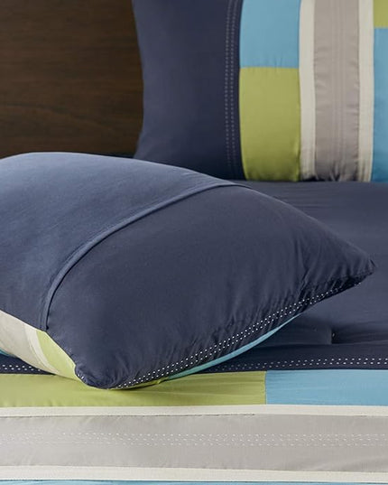 Mi Zone Cozy Comforter Set Geometric Stripes Vibrant Color Design All Season Bedding Matching Shams, Decorative Pillow, Twin/Twin XL, Pipeline Navy, 3 Piece - LeafyLoom