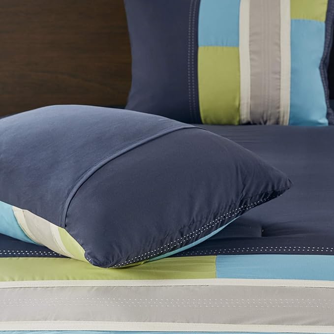 Mi Zone Cozy Comforter Set Geometric Stripes Vibrant Color Design All Season Bedding Matching Shams, Decorative Pillow, Twin/Twin XL, Pipeline Navy, 3 Piece - LeafyLoom