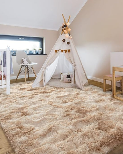 6x9 Large Area Rugs for Living Room, Super Soft Fluffy Modern Bedroom Rug, Tie-Dyed Beige Indoor Shag Fuzzy Carpets for Girls Kids Nursery Room Home Decor - LeafyLoom