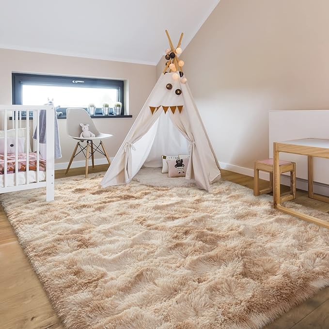 6x9 Large Area Rugs for Living Room, Super Soft Fluffy Modern Bedroom Rug, Tie-Dyed Beige Indoor Shag Fuzzy Carpets for Girls Kids Nursery Room Home Decor - LeafyLoom
