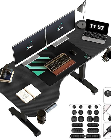L Shaped Electric Standing Desk, 63 Inches Stand Up Corner Desk, Home Office Sit Stand Desk with Carbon Firben Top, Black Frame & Caster Wheels Set… - LeafyLoom