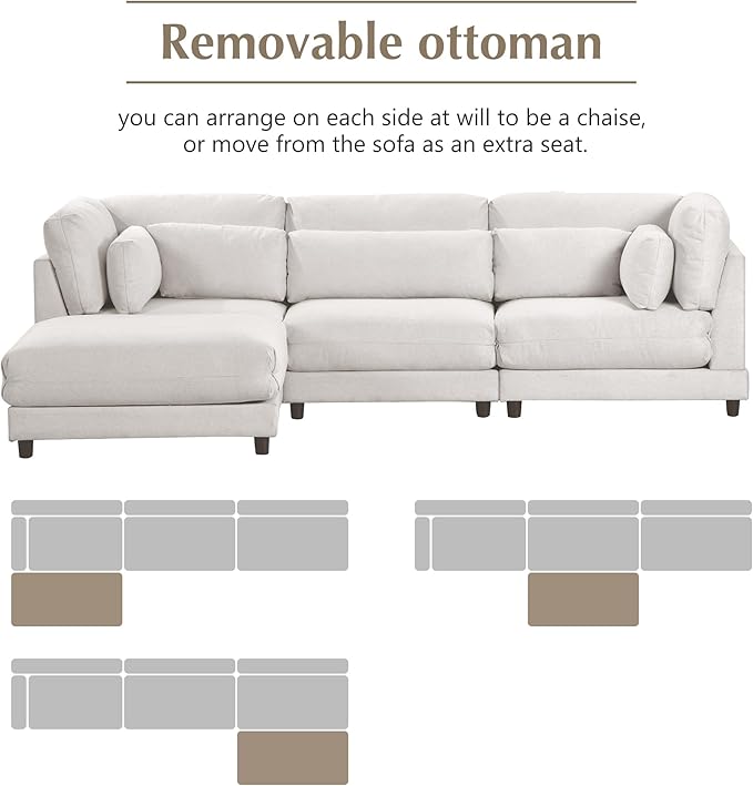 110.6" Modern 2 Pieces L Shaped Sofa with Removable Ottomans and Comfortable Waist Pillows, 4 Seat Large Upholstery Sectional Couch for Living Room, Office, Home, Apartment, Beige, 110.6 Inch - LeafyLoom