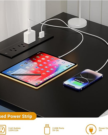 47 Inch Computer Desk with Magic Power Outlets and USB Charging Ports, Modern Home Office Desks, Sturdy Simple Writing Table, Laptop PC Gaming Desk for Bedroom Workstation, Black, 2 Pack - LeafyLoom