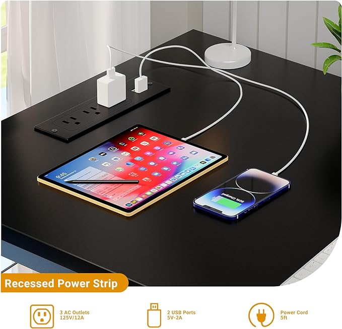 47 Inch Computer Desk with Magic Power Outlets and USB Charging Ports, Modern Home Office Desks, Sturdy Simple Writing Table, Laptop PC Gaming Desk for Bedroom Workstation, Black, 2 Pack - LeafyLoom