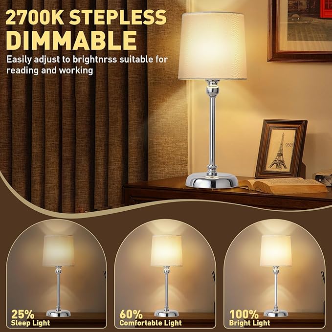 Cordless LED Table Lamp, 6000mAh Rechargeable Bedside Night Lamp for Bedroom, Portable Touch Stepless Dimmable Battery Operated Lamp, Ambient Light for Patio Restaurant(Chrome H) - LeafyLoom