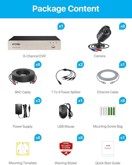 ZOSI 3K Lite 8CH Home Security Camera System Outdoor Indoor, AI Human/Vehicle Detection, Night Vision, H.265+ 5MP Lite 8 Channel CCTV DVR, 8pcs 1080P 1920TVL Surveillance Bullet Cameras (No HDD) ZOSI