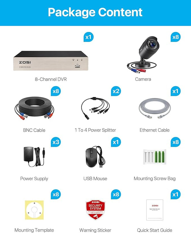ZOSI 3K Lite 8CH Home Security Camera System Outdoor Indoor, AI Human/Vehicle Detection, Night Vision, H.265+ 5MP Lite 8 Channel CCTV DVR, 8pcs 1080P 1920TVL Surveillance Bullet Cameras (No HDD) ZOSI
