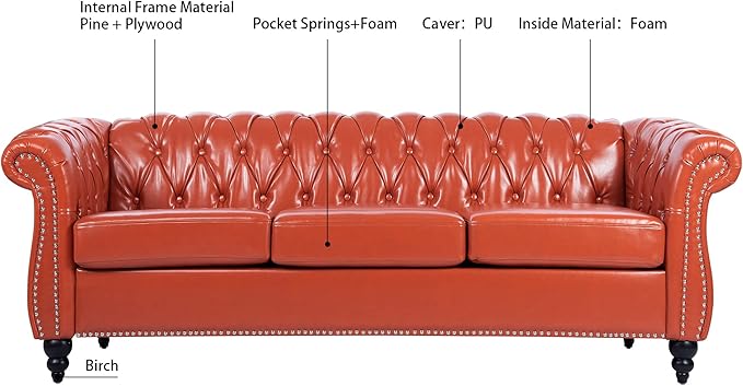 3-Seaters Living Room Clasic Chesterfield Sofa Couch Button Tufted PU Leather Upholstered Sofa&Couch with Luxury Roller Armrest Soild Wood Legs Movable Cushions & Nailhead Decor - LeafyLoom