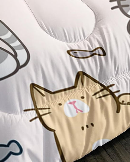 Kids Cute Cat Comforter Set Queen Size 3Pcs Cartoon Pet Cat Fishing Bedding Set Lovely Animal Quilt Bed Set for Children Girls Boys Room Decor - LeafyLoom