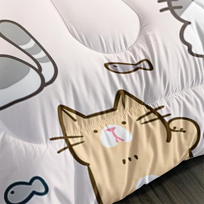 Kids Cute Cat Comforter Set Queen Size 3Pcs Cartoon Pet Cat Fishing Bedding Set Lovely Animal Quilt Bed Set for Children Girls Boys Room Decor - LeafyLoom