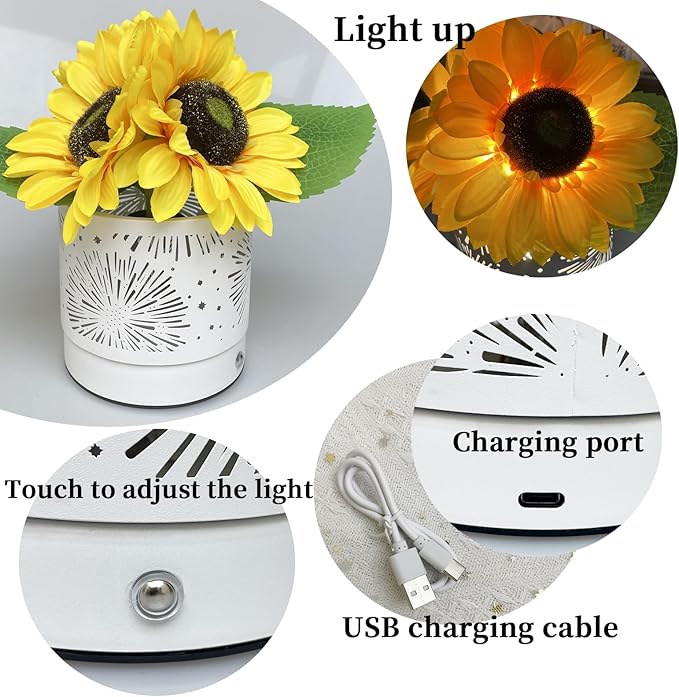 Sunflowers Lamp Touch Lam Artificial LED Sunflower Flowers with Glass Vase Table Lamp Night Light for Home Office Decor House Decorations Gift Idea - Rechargeable (Starry Sky Sunflower) - LeafyLoom