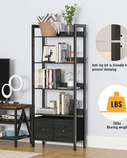Furologee 5-Tier Bookshelf, Tall Bookcase with 2 Storage Drawers, Industrial Display Standing Shelf Units, Wood and Metal Storage Shelf for Living Room, Bedroom, Home Office, Black Oak - LeafyLoom