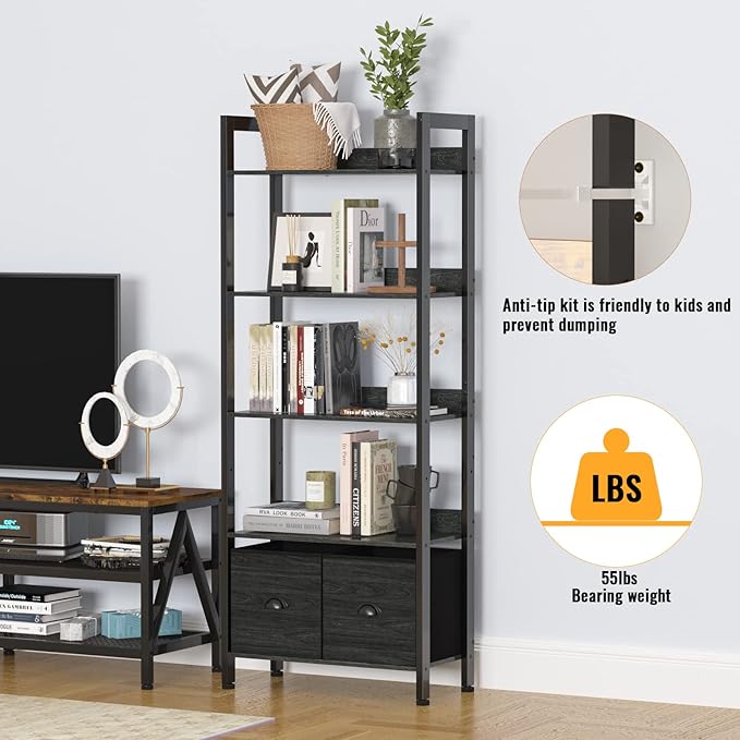 Furologee 5-Tier Bookshelf, Tall Bookcase with 2 Storage Drawers, Industrial Display Standing Shelf Units, Wood and Metal Storage Shelf for Living Room, Bedroom, Home Office, Black Oak - LeafyLoom