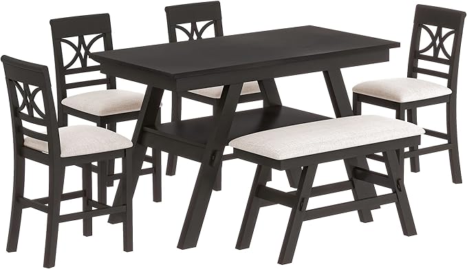 6-Piece Wood Kitchen Counter Height Dining Table Set with Bench and 4 Upholstered Chairs, Rustic Style, Espresso+Beige - LeafyLoom