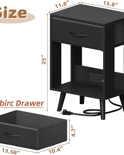 Nightstand with Charging Station and Fabric Drawer, Side Table with Storage for Bedroom, Night Stand with Open Wood Shelf for Bedroom, Bedside Tables - Black - LeafyLoom