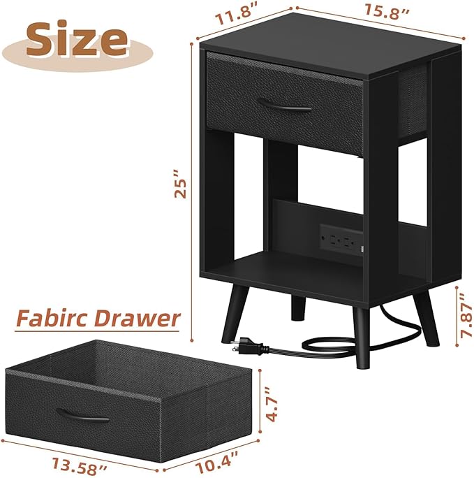 Nightstand with Charging Station and Fabric Drawer, Side Table with Storage for Bedroom, Night Stand with Open Wood Shelf for Bedroom, Bedside Tables - Black - LeafyLoom