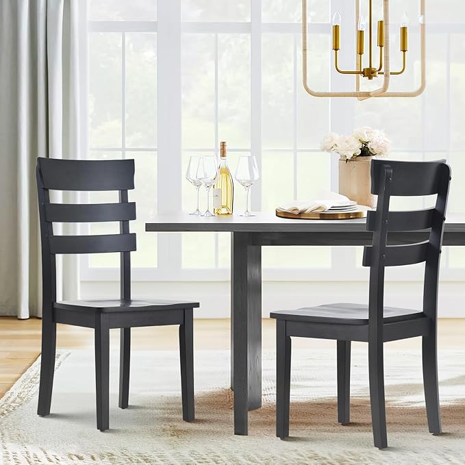 COLAMY Wooden Dining Chairs Set of 2, Ladder High Back Kitchen Side Chair, Farmhouse Armless Dining Room Chairs with Adjustable Foot Pegs, Black - LeafyLoom