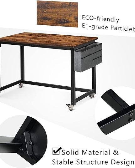 AHB 39" Rolling Computer Desk with 4 Smooth Wheels, Simple Style Mobile Writing Desk Home Office Study Table Movable Workstation with Metal Frame - LeafyLoom