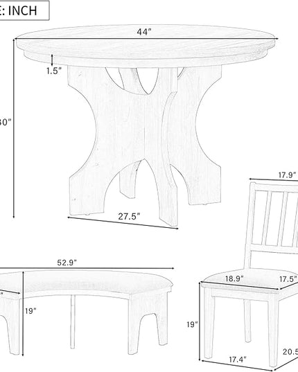 Retro 5 Piece Set with 44" Round Table with 1 Curved Bench & 3 Chairs, Rubber Wood, Easy Assembly and Clean, for Dining Room, Kitchen, Small Spcae, Grey 33 - LeafyLoom