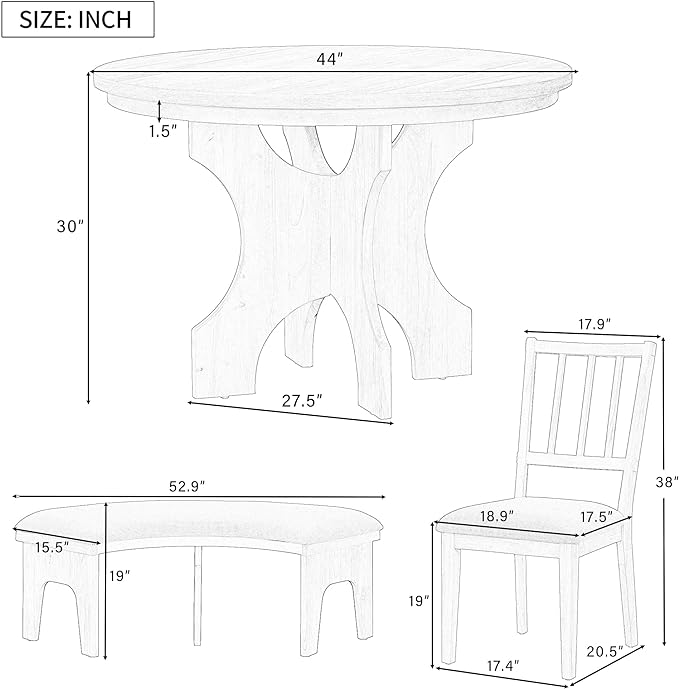Retro 5 Piece Set with 44" Round Table with 1 Curved Bench & 3 Chairs, Rubber Wood, Easy Assembly and Clean, for Dining Room, Kitchen, Small Spcae, Grey 33 - LeafyLoom