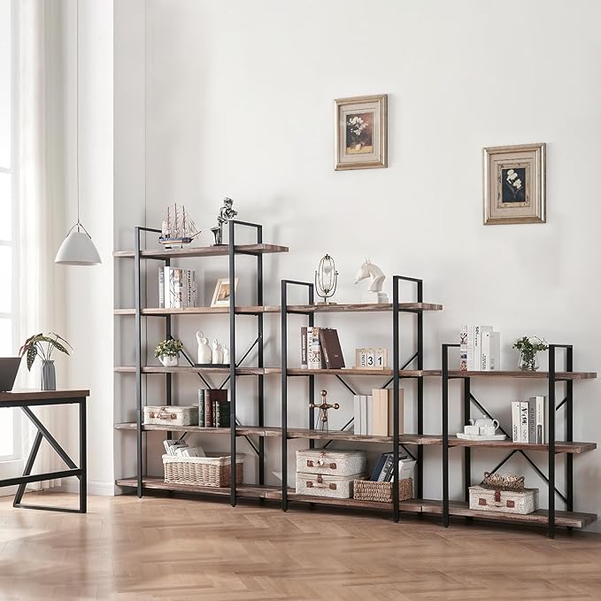 HOMISSUE Bookshelf,5-Tier Bookshelf Industrial Bookcase and Bookshelves,Rustic Storage Rack with Open Shelves for Living Room Bedroom and Kitchen,Retro Brown - LeafyLoom