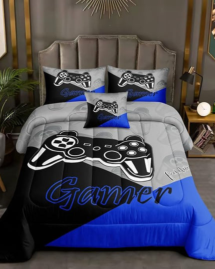 5 Pieces Bed in A Bag Gamer Bedding Set for Boys Kids Gaming Comforters Set,Gamer Bed in a Bag Complete with Comforter Set Sheets Flat Sheet Pillowcase,DJT5002Twin Size - LeafyLoom