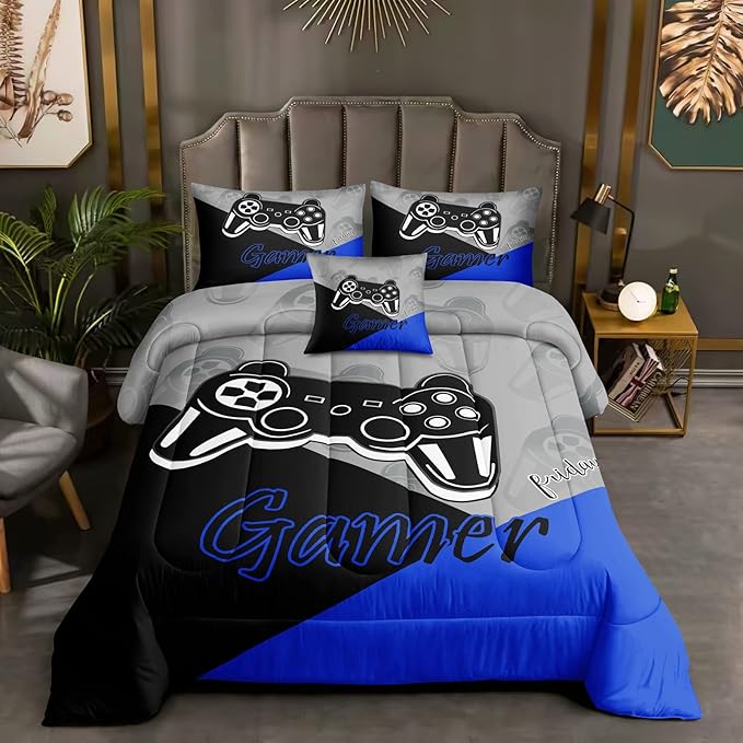 6 Pieces Bed in A Bag Gamer Bedding Set for Boys Kids Adult Gaming Comforters Set,Boys Bed in A Bag Set Full Size Comforter with Fitted Shee Flat Sheet Pillowcase pillowsham,DJT5002Queen - LeafyLoom