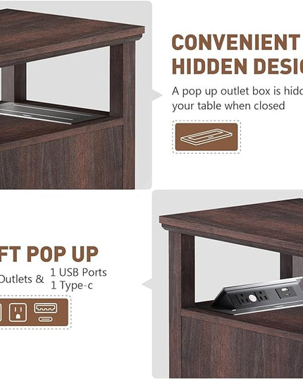 HIFYOBRO Narrow End Table with Flip Top Charging Station and Storage Cabinet, Type-C & USB port & Power outlets, Adjustable Shelf, Narrow Side Table with Storage for Living Room and Bedroom - LeafyLoom