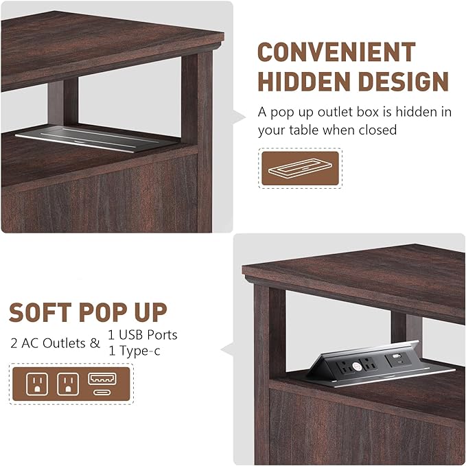 HIFYOBRO Narrow End Table with Flip Top Charging Station and Storage Cabinet, Type-C & USB port & Power outlets, Adjustable Shelf, Narrow Side Table with Storage for Living Room and Bedroom - LeafyLoom