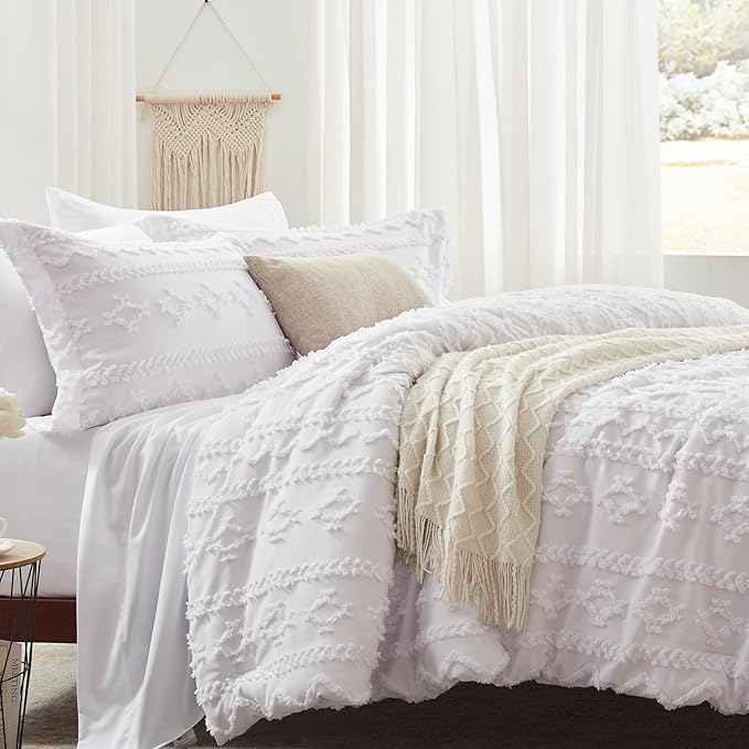 Anluoer King Comforter Set 7 Pieces, White Tufted Bed in a Bag with comforters and sheets, All Season Bedding Sets with 1 Comforter, 2 PillowShams, 2 Pillowcases, 1 Flat Sheet, 1 Fitted Sheet - LeafyLoom