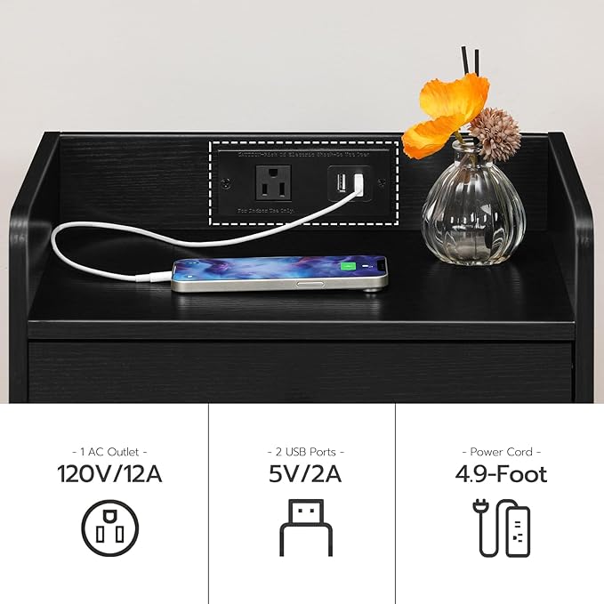 HOOBRO Nightstand with Charging Station, End Table with Drawer and Opening Shelf, Side Table with USB Ports and Outlets, Bedside Table for Bedroom, Small Night Stand Simple Style, Black BK18UBZ01 - LeafyLoom