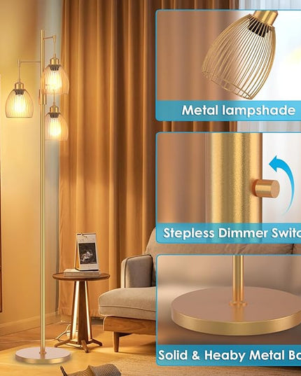 Gold Floor Lamp, Dimmable Industrial Floor Lamp Farmhouse Floor Lamps for Living Room with Cages 70'' Tall Lamp Modern Floor Lamp Standing Lamp for Bedroom Office Living Room 3 LED Bulbs Included - LeafyLoom