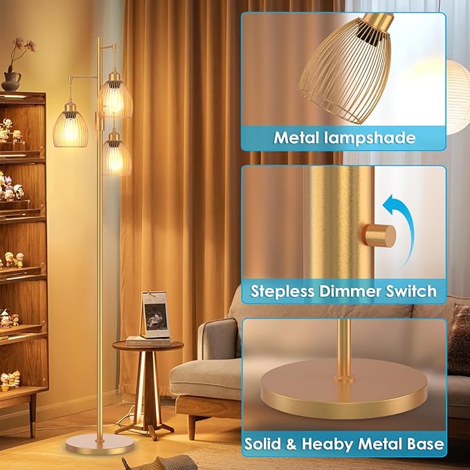 Gold Floor Lamp, Dimmable Industrial Floor Lamp Farmhouse Floor Lamps for Living Room with Cages 70'' Tall Lamp Modern Floor Lamp Standing Lamp for Bedroom Office Living Room 3 LED Bulbs Included - LeafyLoom