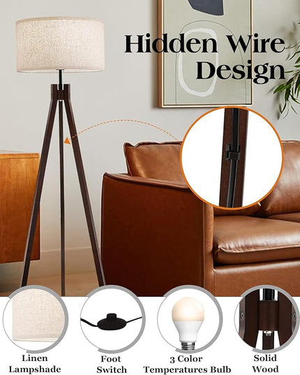 ELYONA Wood Tripod Floor Lamp for Bedroom, 3 Color Temperatures & Linen Shade, Modern Reading Standing Lamp with 9W LED Bulb, Mid Century Night Light for Farmhouse, Living Room, Office, Walnut - LeafyLoom