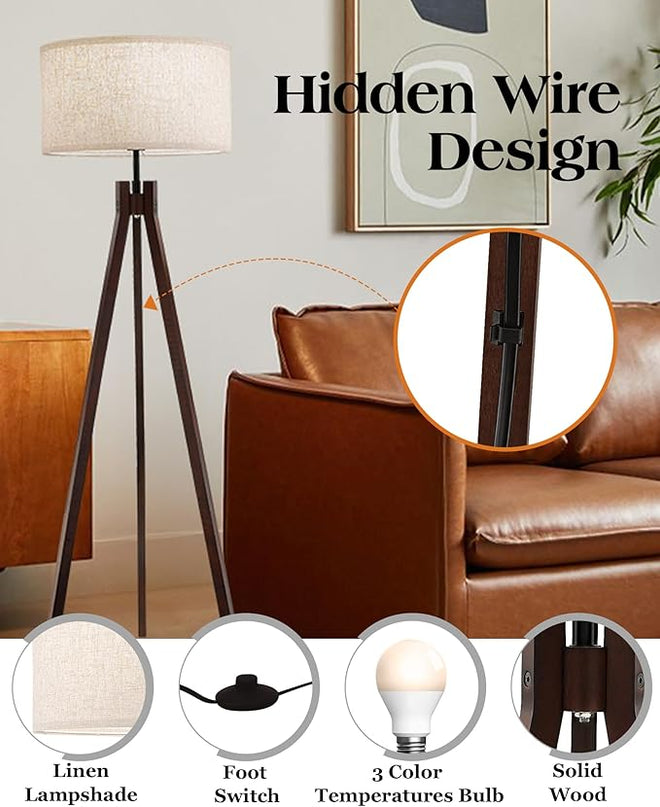 ELYONA Wood Tripod Floor Lamp for Bedroom, 3 Color Temperatures & Linen Shade, Modern Reading Standing Lamp with 9W LED Bulb, Mid Century Night Light for Farmhouse, Living Room, Office, Walnut - LeafyLoom