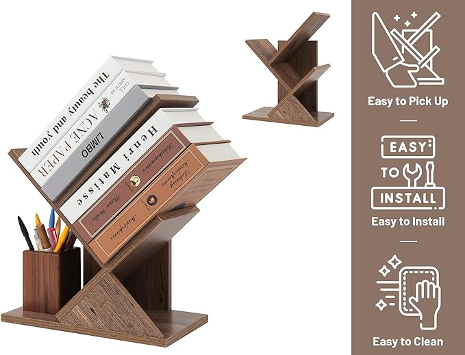 Labcosi 2 Tier Tree Bookshelf, Small Bookshelf for Storing Books/CDs, Wood Book Organizer Shelves for Home Office, Bedroom, Living Room, Rustic Brown - LeafyLoom