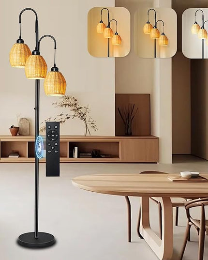 Rattan RGB Floor Lamps for Living Room with RGB LED Bulb, Dimmable Boho 3 Lights Floor lamp with App Control & Remote Control Farmhouse Stand Lamp for Bedroom，3 PCS RGB LED Bulb Included - LeafyLoom