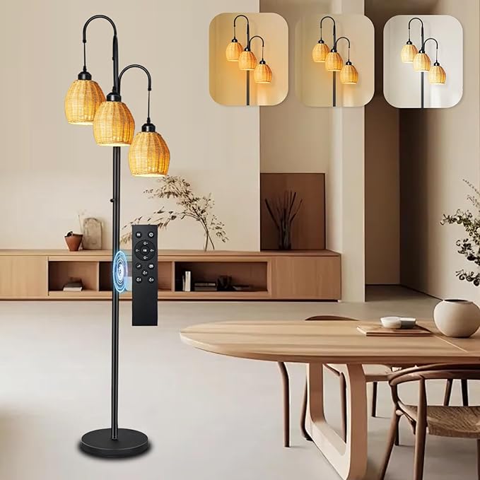 Rattan RGB Floor Lamps for Living Room with RGB LED Bulb, Dimmable Boho 3 Lights Floor lamp with App Control & Remote Control Farmhouse Stand Lamp for Bedroom，3 PCS RGB LED Bulb Included - LeafyLoom