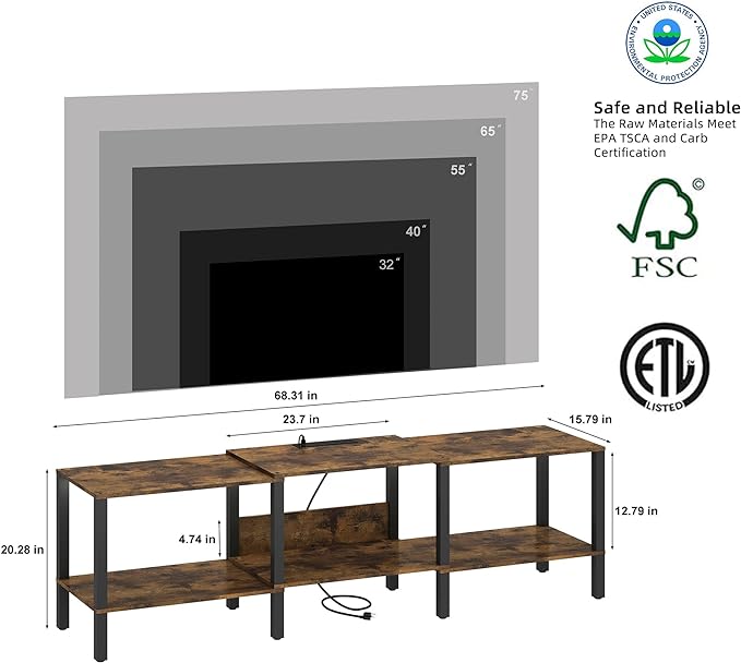 Modern LED TV Stand with Power Outlet for Living Room+75 Inch Wood TV Media Console for 55/65/75 inch TVs，Industrial TV Stand，TV Stand Media Entertainment Center，Rustic Brown LTV06BE - LeafyLoom