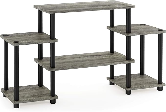 Furinno Turn-N-Tube No Tools Entertainment Center, Round Square Corner, French Oak Grey/Black - LeafyLoom