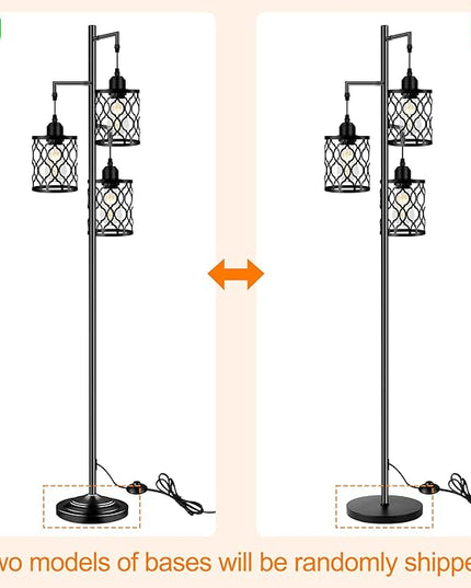 Industrial Floor Lamp, Metal Farmhouse Floor Lamp for Living Room, Rustic Standing Tall Lamp with 3 Elegant Cage Heads, Tree Floor Lamp for Bedrooms, Home Office, Bar, 68", Black, Bulb Not Included - LeafyLoom