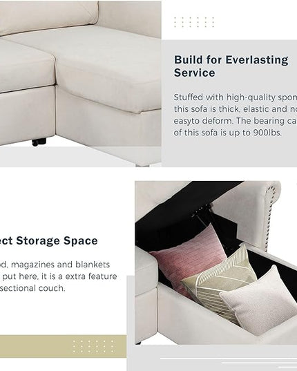 83'' L-Shape Convertible Sleeper Sectional Sofa with Storage Chaise and Pull-Out Bed, Velvet Upholstered Reversible Corner Couch w/Tufted Cushions, for Living Room, Apartment - LeafyLoom