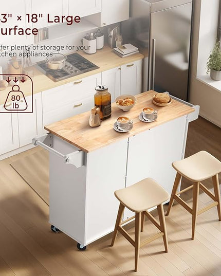 54" Rolling Kitchen Island on Wheels, Large Kitchen Island Cart with Storage Cabinet, Portable Wood Island Table for Kitchen with 2 Drawers and Spice Rack & Towel Rack, White - LeafyLoom