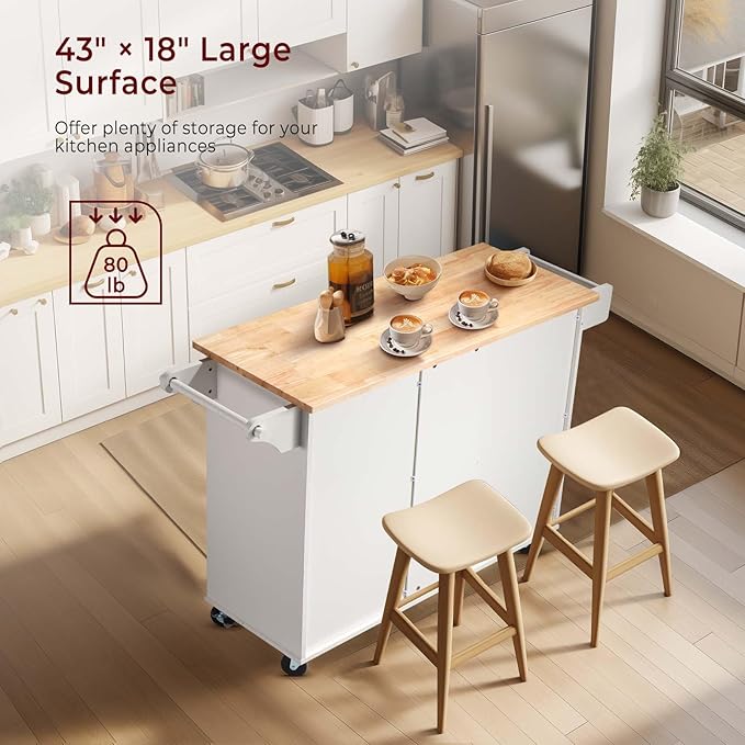 54" Rolling Kitchen Island on Wheels, Large Kitchen Island Cart with Storage Cabinet, Portable Wood Island Table for Kitchen with 2 Drawers and Spice Rack & Towel Rack, White - LeafyLoom