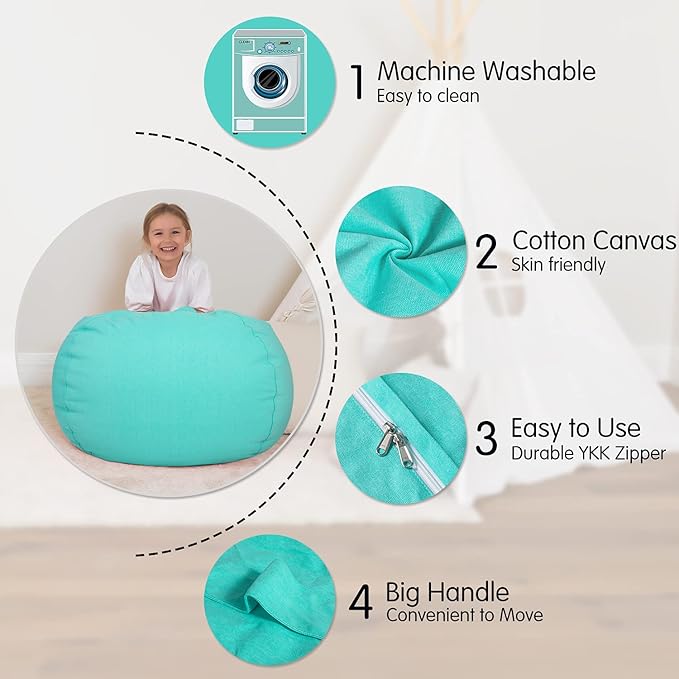 Aubliss Stuffed Animal Bean Bag Storage Chair, Beanbag Covers Only for Organizing Plush Toys, Turns into Bean Bag Seat for Kids When Filled, Medium 32"-Canvas Solid Aqua - LeafyLoom