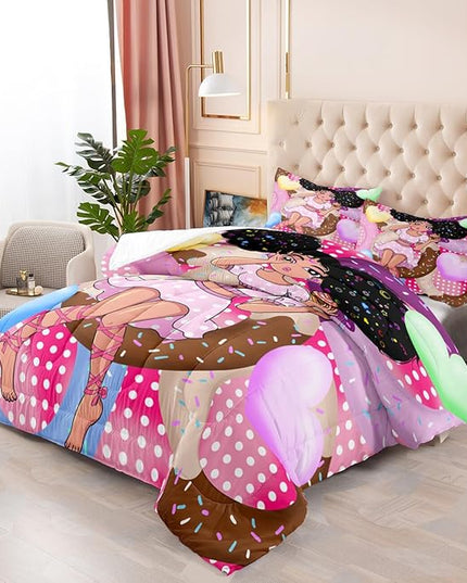 African American Girl Comforter Set Black Girl Comforter Set Princess Bedding with Donut Girl Prints Kids Comforter Sets Gifts for Girls Bedroom Decor Pink Full Size Quilt Sets with 2 Pillowcases - LeafyLoom