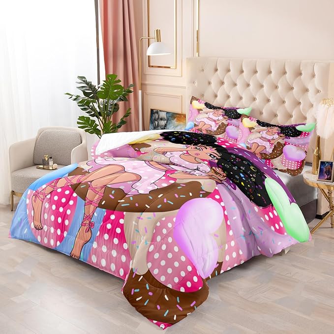 African American Girl Comforter Set Black Girl Comforter Set Princess Bedding with Donut Girl Prints Kids Comforter Sets Gifts for Girls Bedroom Decor Pink Full Size Quilt Sets with 2 Pillowcases - LeafyLoom
