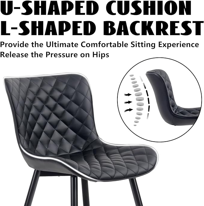 YOUTASTE Black Dining Chairs Set of 2 Mid Century Modern PU Leather Diamond Upholstered Accent Guest Dinner Chair with Back Metal Legs for Kitchen Living Reception Waiting Room - LeafyLoom