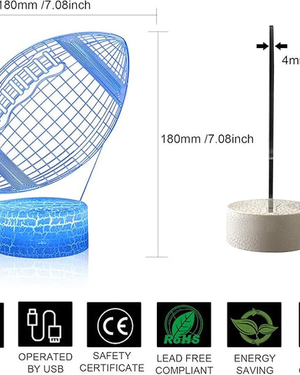 Rugby Night Light,3D Illusion Football Lamp for Kids Sprot Fans with 16 Colors Changing Remote Control&Smart Touch Bedroom Decor Lamp Holiday Xmas Birthday Gift - LeafyLoom
